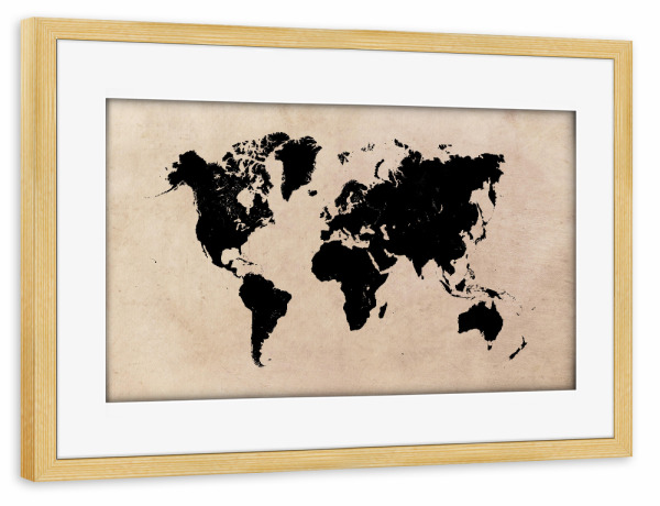 Poster mit Rahmen kiefer "World map 37 black" artboxONE - Reise,Kartografie