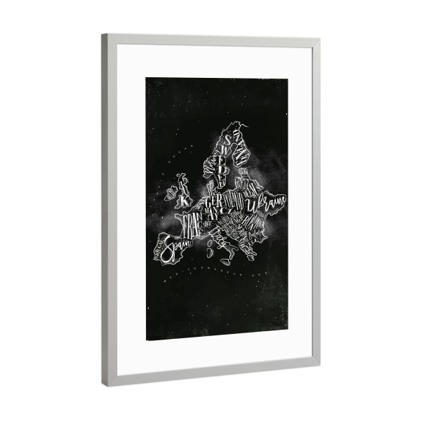 Poster mit Rahmen Silber "Map Europe vintage chalk" artboxONE - Schwarzweiß,Kartografie