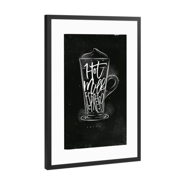 Poster mit Rahmen Schwarz (Metallic) "Coffee latte cup chalk" artboxONE - Essen & Trinken,Schwarzweiß