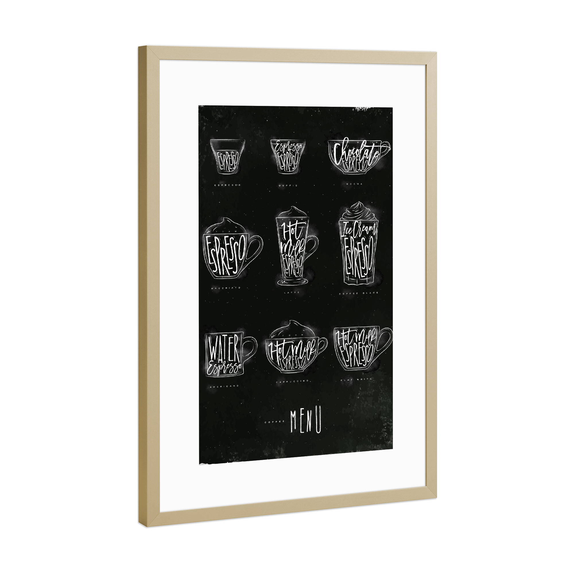 Poster mit Rahmen Gold "Coffee menu graphic chalk" artboxONE - Essen & Trinken,Schwarzweiß
