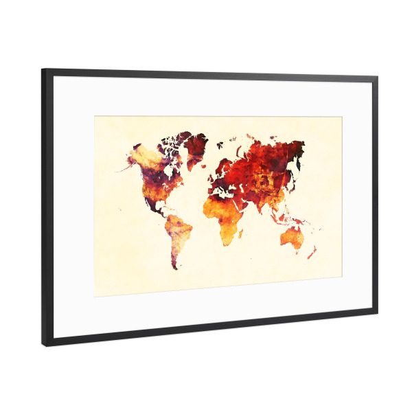 Poster mit Rahmen Schwarz (Metallic) "World map 31 red yellow" artboxONE - Reise,Reise / Länder,Kartografie