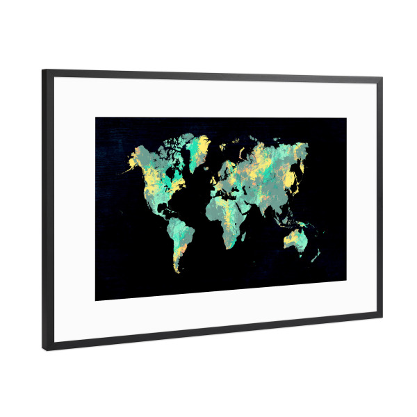 Poster mit Rahmen Schwarz (Metallic) "World map 19 yellow green" artboxONE - Reise,Reise / Länder,Kartografie