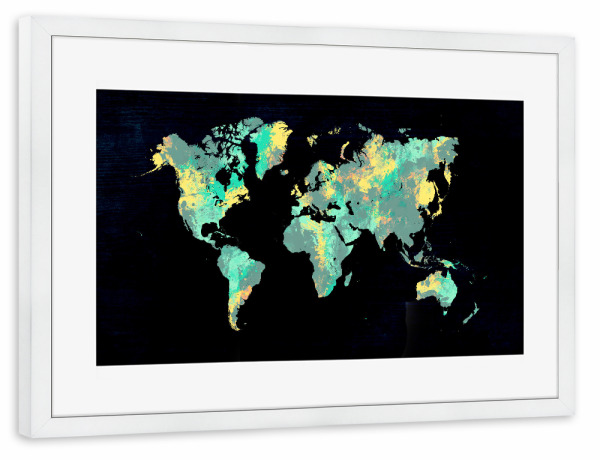 Poster mit Rahmen weiß "World map 19 yellow green" artboxONE - Reise,Reise / Länder,Kartografie