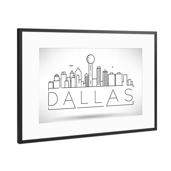 Poster mit Rahmen Schwarz (Metallic) "Minimal Dallas Skyline" artboxONE - Städte,Schwarzweiß