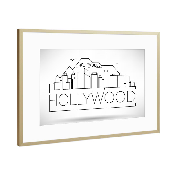Poster mit Rahmen Gold "Minimal Hollywood Skyline" artboxONE - Städte,Schwarzweiß