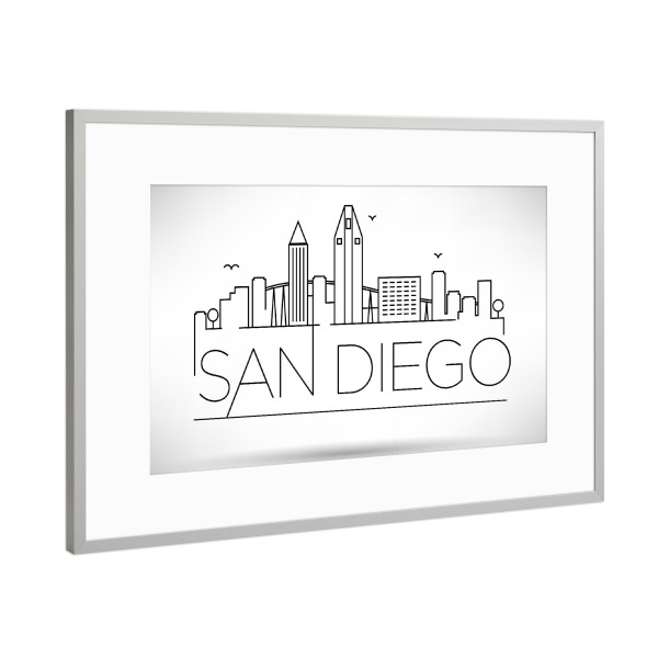 Poster mit Rahmen Silber "Minimal San Diego Skyline" artboxONE - Städte,Schwarzweiß