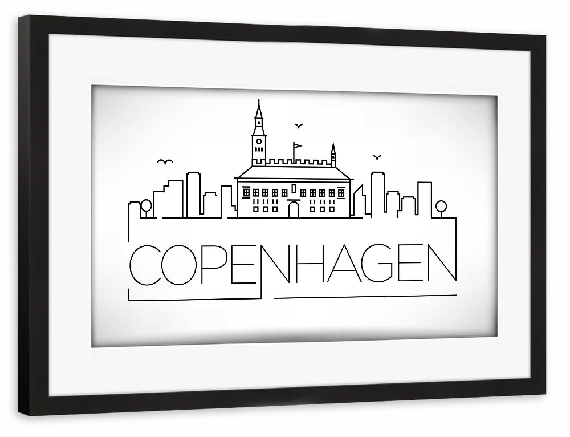 Poster mit Rahmen schwarz "Minimal Copenhagen Skyline" artboxONE - Städte,Schwarzweiß