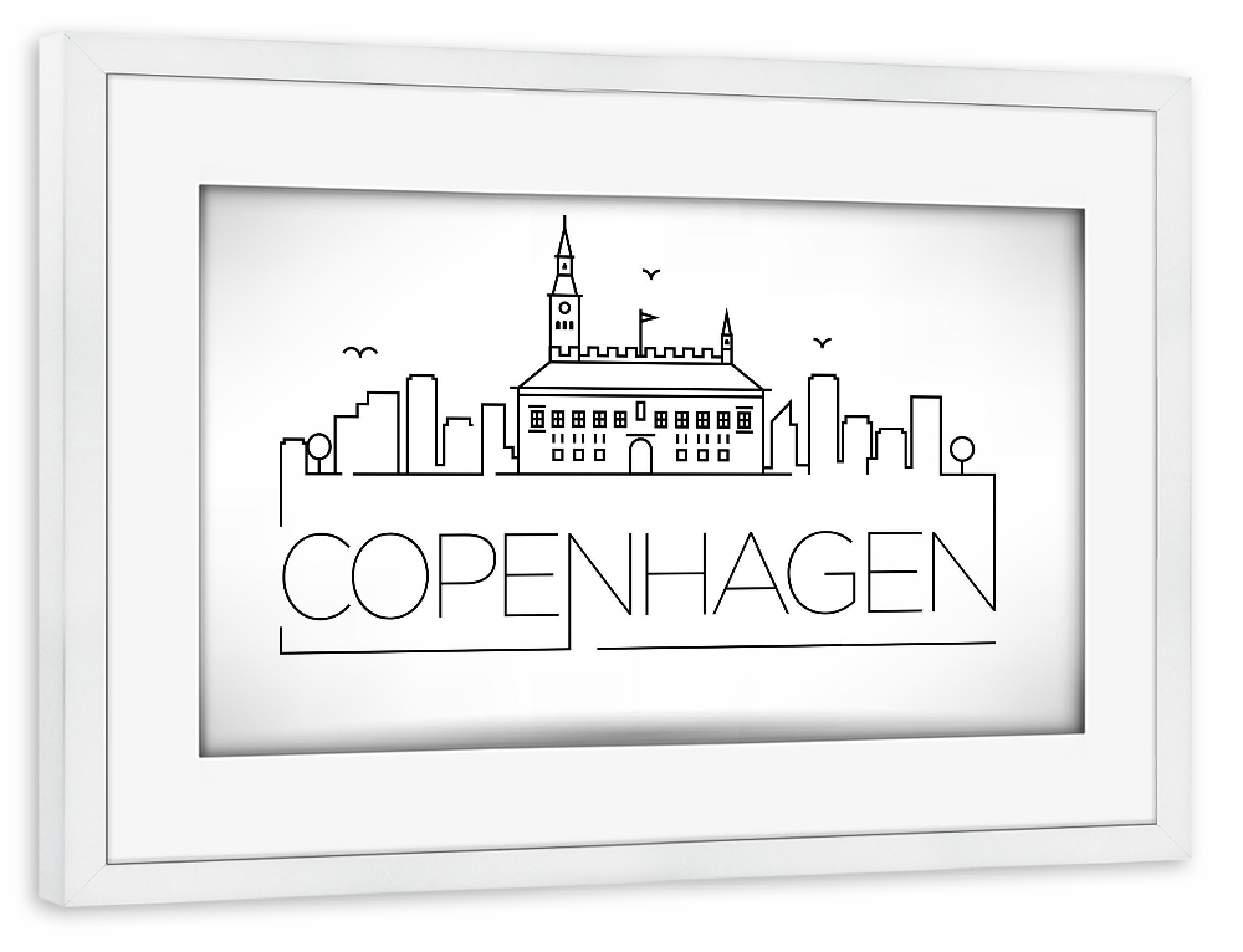 Poster mit Rahmen weiß "Minimal Copenhagen Skyline" artboxONE - Städte,Schwarzweiß