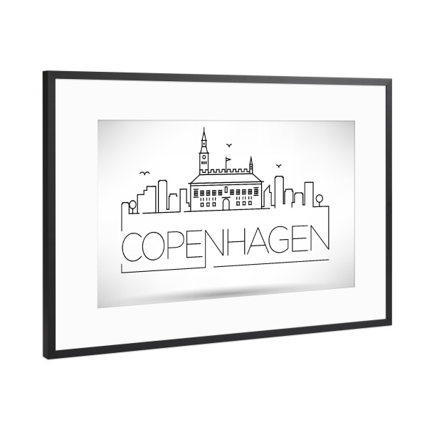 Poster mit Rahmen Schwarz (Metallic) "Minimal Copenhagen Skyline" artboxONE - Städte,Schwarzweiß