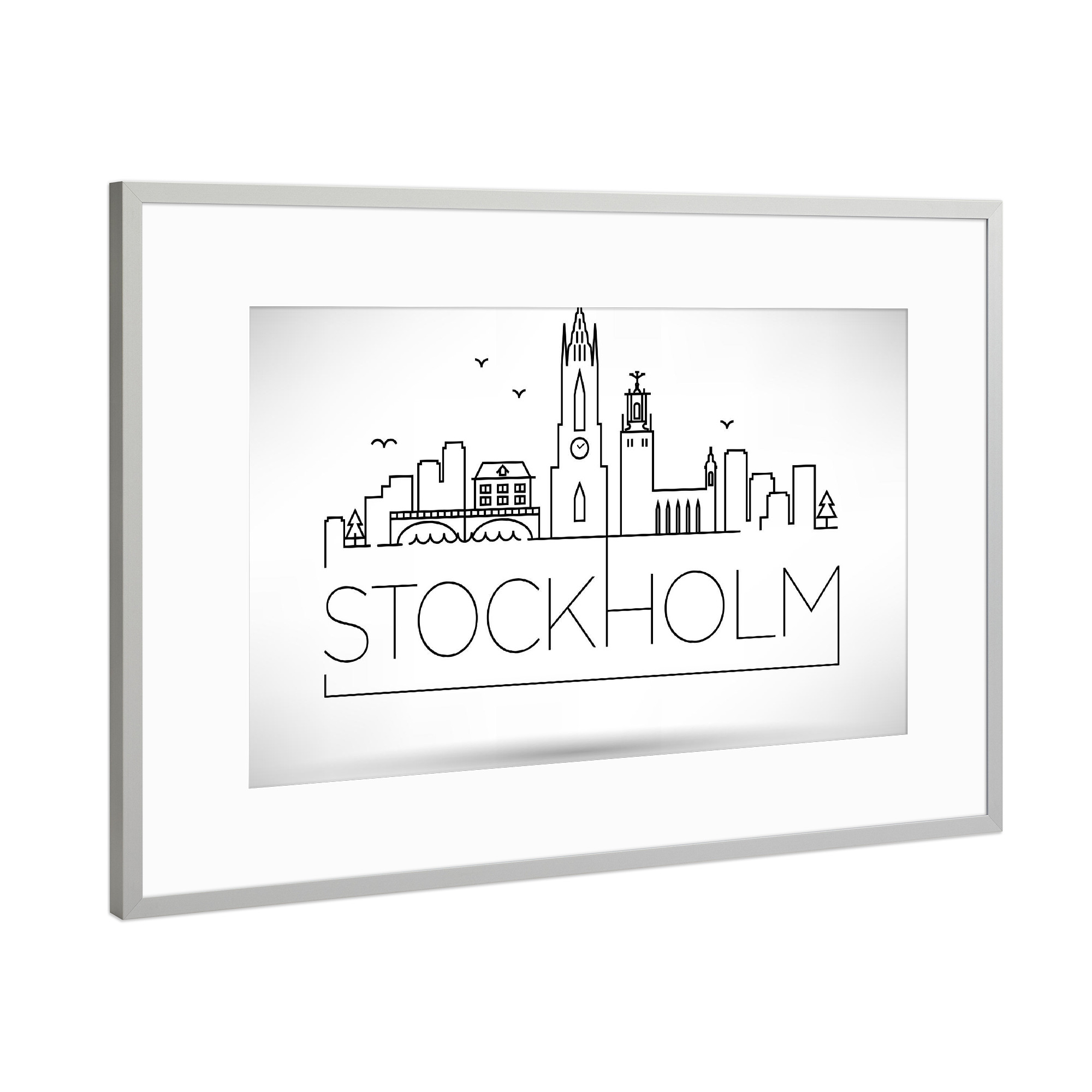 Poster mit Rahmen Silber "Minimal Stockholm Skyline" artboxONE - Städte,Schwarzweiß