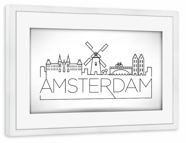 Poster mit Rahmen weiß "Minimal Amsterdam Skyline" artboxONE - Städte / Amsterdam