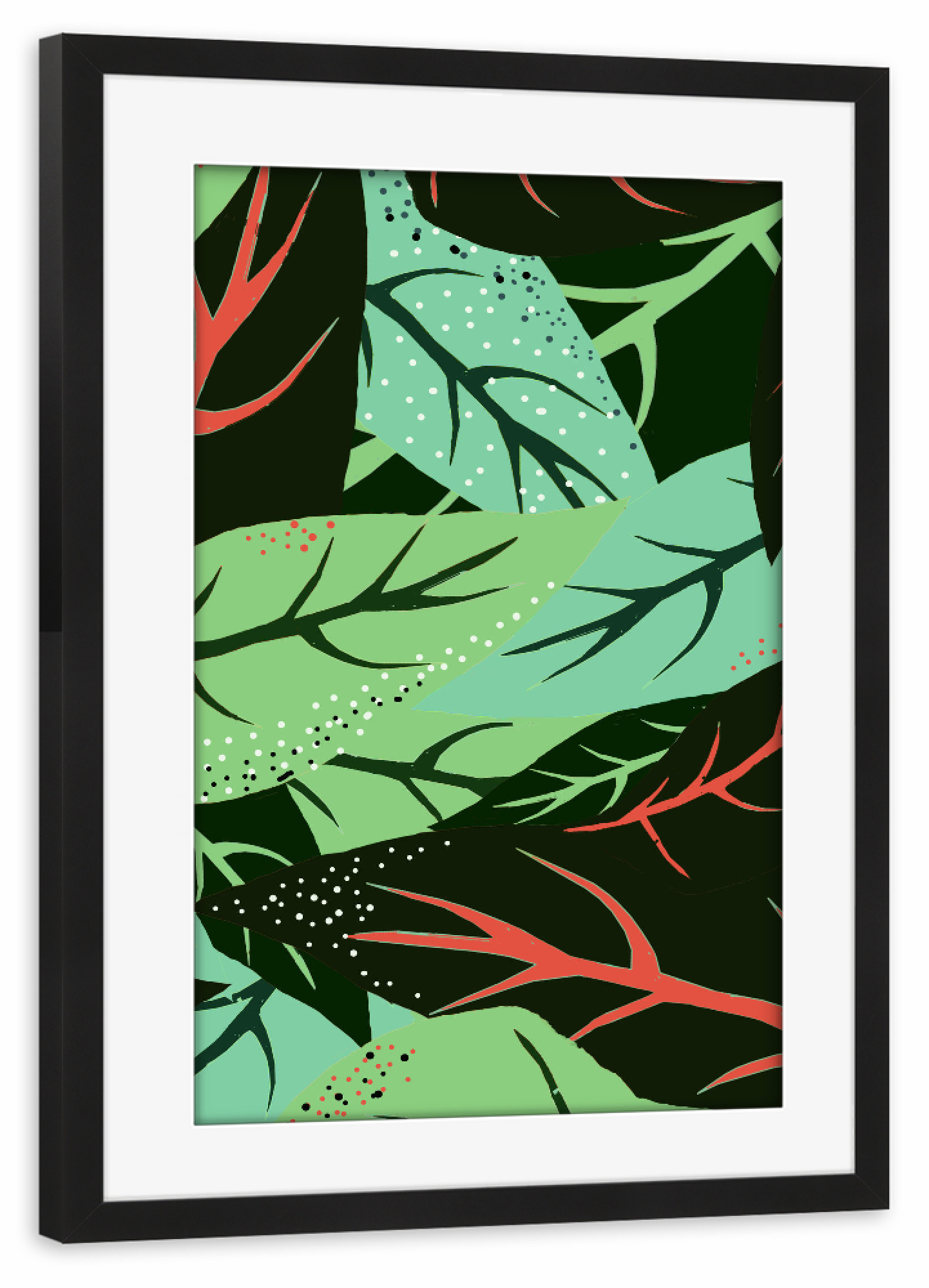 Poster mit Rahmen schwarz "Der dunkle Dschungel" artboxONE - Natur - Muster,Blätter,Natur,Grün,Grün,Dunkel,Exotisch,Tropisch,Rot,Schwarz