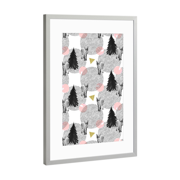 Poster mit Rahmen Silber "Foxy Pattern" artboxONE - Tiere - Gold,Fox,Foxy,Forest,Wood,Tree,Polka dots,Pattern,White
