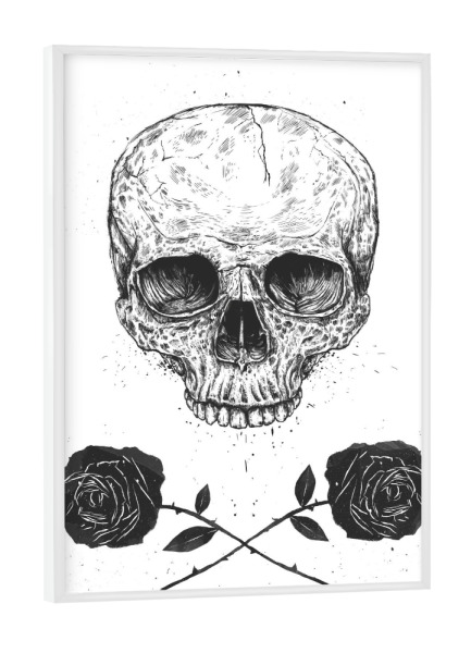 Poster mit weißem Rahmen "Skull N' Roses" artboxONE - Schwarzweiß,Männer,Halloween - Skull,Death,Roses,Flowers,Heavy metal,Hard rock,Festival