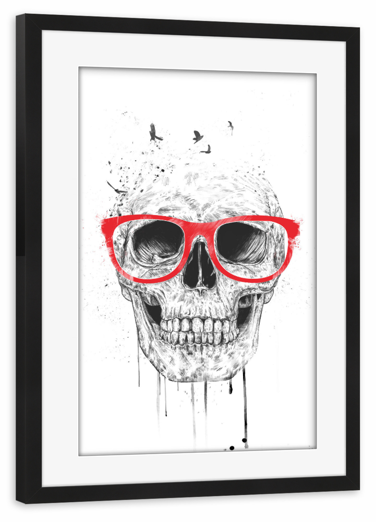Poster mit Rahmen schwarz "Skull with read glasses" artboxONE - Schwarzweiß,Männer,Halloween