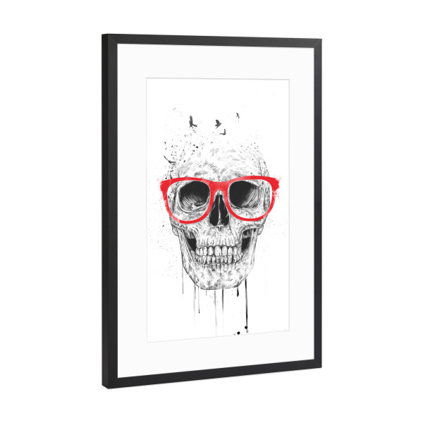 Poster mit Rahmen Schwarz (Metallic) "Skull with read glasses" artboxONE - Schwarzweiß,Männer,Halloween