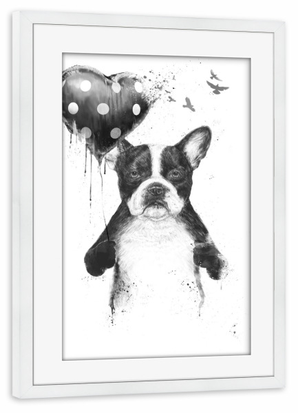 Poster mit Rahmen weiß "My heart goes boom" artboxONE - Tiere,Schwarzweiß,Liebe - Liebe,Love,Französische bulldogge,French bulldog,Dog,Hund,Valentine