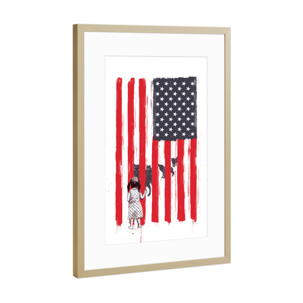 Poster mit Rahmen Gold "Little girl and wolves" artboxONE - Schwarzweiß,Männer - Amerika,America,Wolf,Wolves,Jail,Gitter,Gefängnis,Little girl,Mädchen