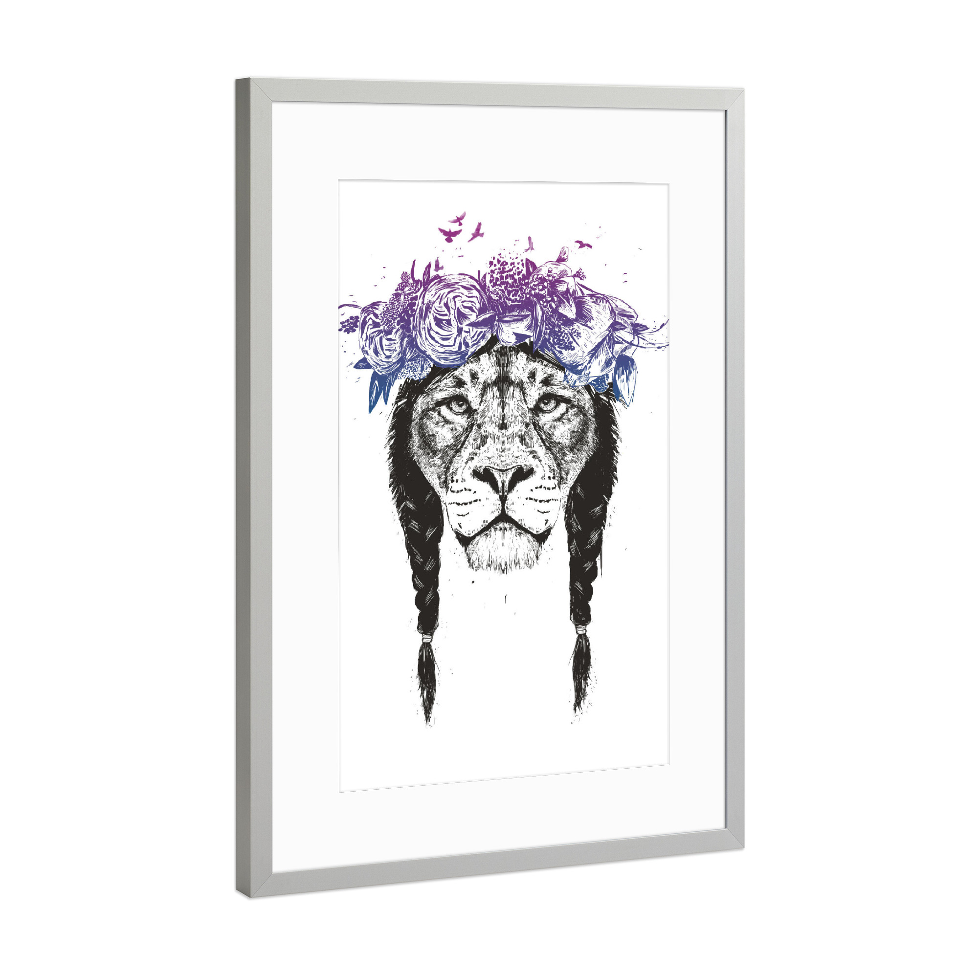 Poster mit Rahmen Silber "King of Lions" artboxONE - Tiere,Schwarzweiß,Festivals,Lustig