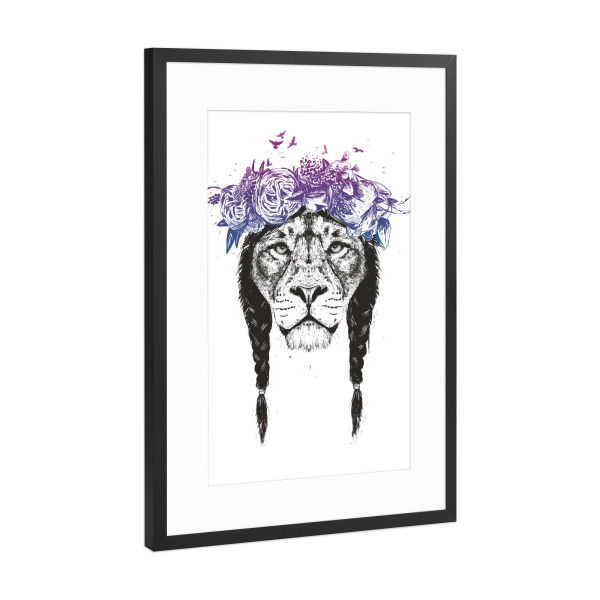 Poster mit Rahmen Schwarz (Metallic) "King of Lions" artboxONE - Tiere,Schwarzweiß,Festivals,Lustig