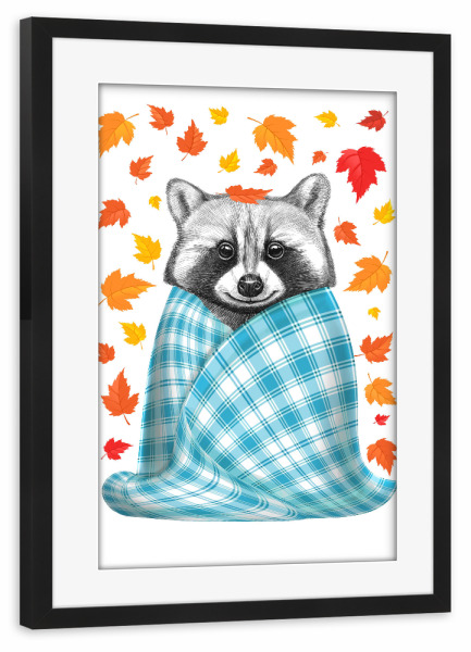 Poster mit Rahmen schwarz "Autumn raccoon # 2" artboxONE - Natur,Tiere,Schwarzweiß,Lustig