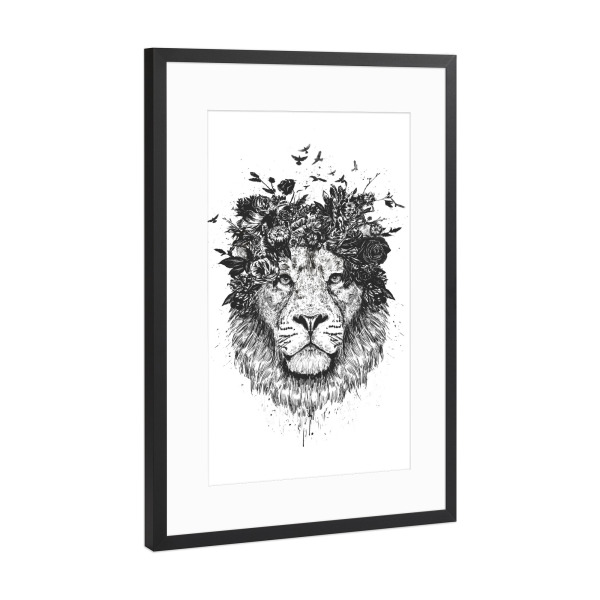 Poster mit Rahmen Schwarz (Metallic) "Floral Lion (bw)" artboxONE - Floral,Tiere,Schwarzweiß - Lion,Löwe,Blumen,Flower,Summer,Spring