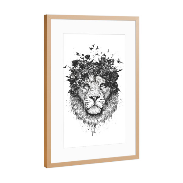 Poster mit Rahmen Kupfer "Floral Lion (bw)" artboxONE - Floral,Tiere,Schwarzweiß - Lion,Löwe,Blumen,Flower,Summer,Spring
