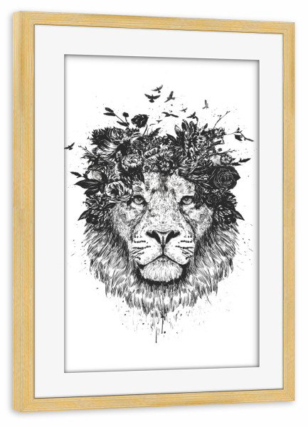 Poster mit Rahmen kiefer "Floral Lion (bw)" artboxONE - Floral,Tiere,Schwarzweiß - Lion,Löwe,Blumen,Flower,Summer,Spring