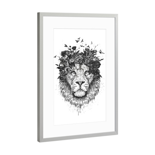 Poster mit Rahmen Silber "Floral Lion (bw)" artboxONE - Floral,Tiere,Schwarzweiß - Lion,Löwe,Blumen,Flower,Summer,Spring