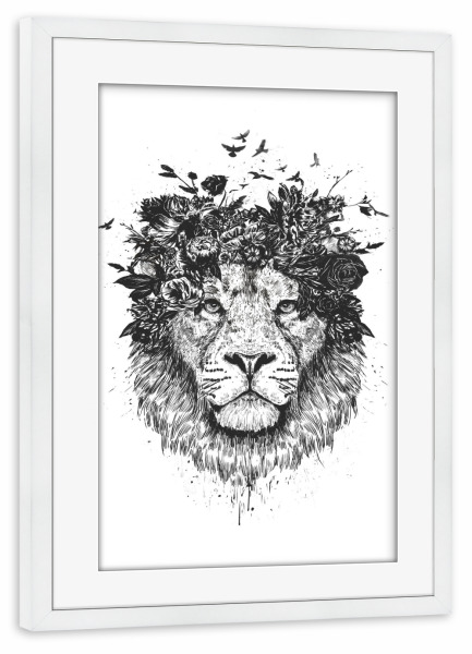 Poster mit Rahmen weiß "Floral Lion (bw)" artboxONE - Floral,Tiere,Schwarzweiß - Lion,Löwe,Blumen,Flower,Summer,Spring