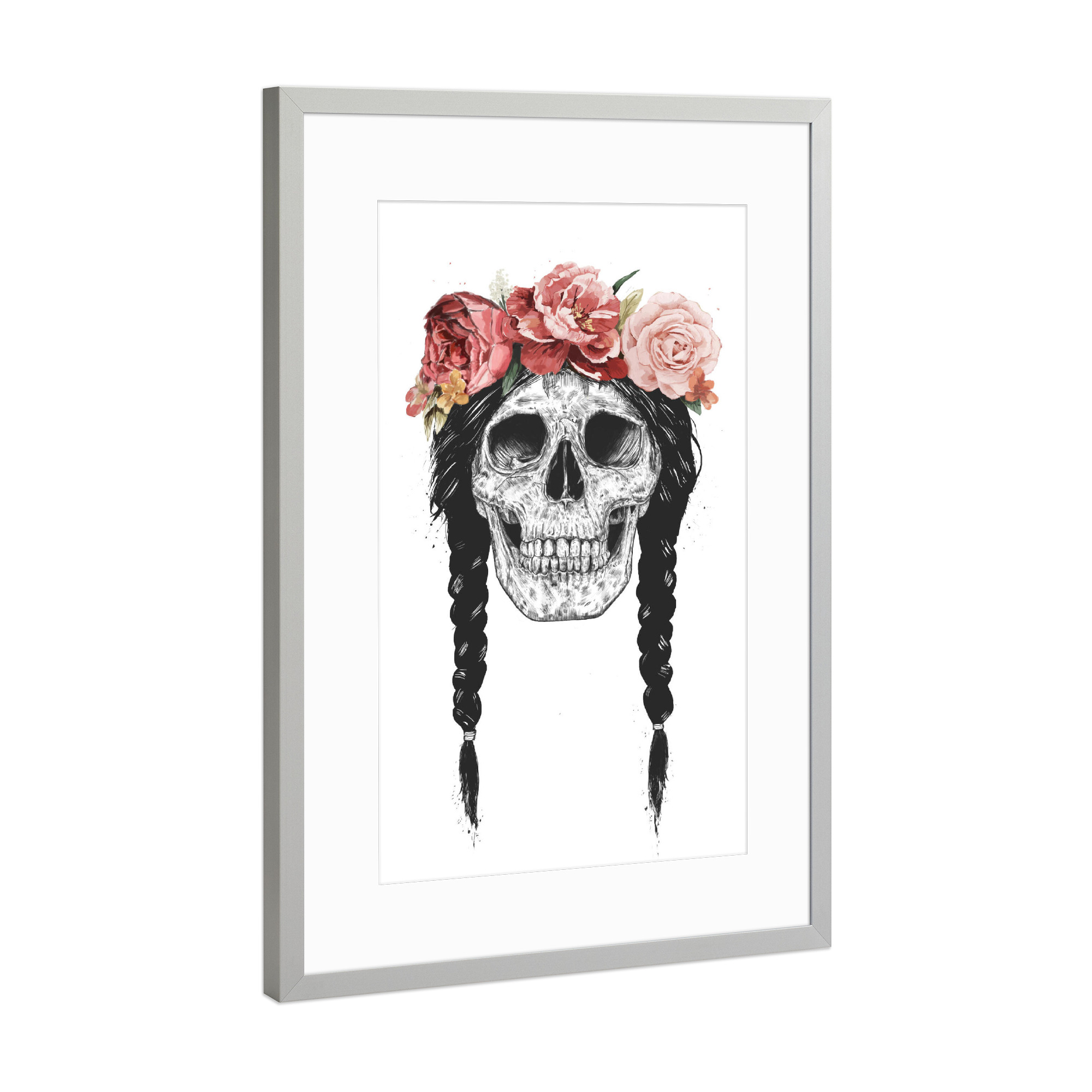 Poster mit Rahmen Silber "Festival Skull" artboxONE - Schwarzweiß,Festivals - Festival,Tanzen,Party,Dance,Girl,Zöpfe,Cute,Skull,Totenkopf