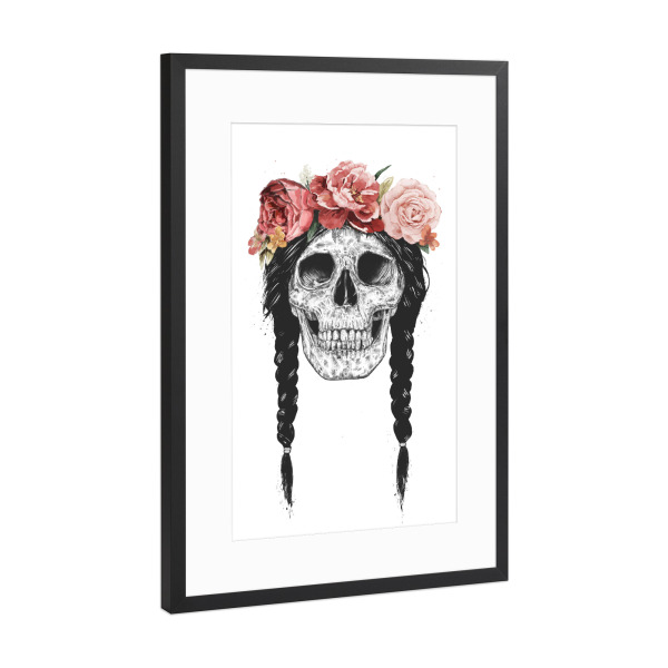 Poster mit Rahmen Schwarz (Metallic) "Festival Skull" artboxONE - Schwarzweiß,Festivals - Festival,Tanzen,Party,Dance,Girl,Zöpfe,Cute,Skull,Totenkopf