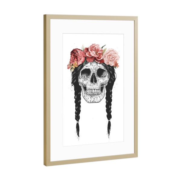 Poster mit Rahmen Gold "Festival Skull" artboxONE - Schwarzweiß,Festivals - Festival,Tanzen,Party,Dance,Girl,Zöpfe,Cute,Skull,Totenkopf