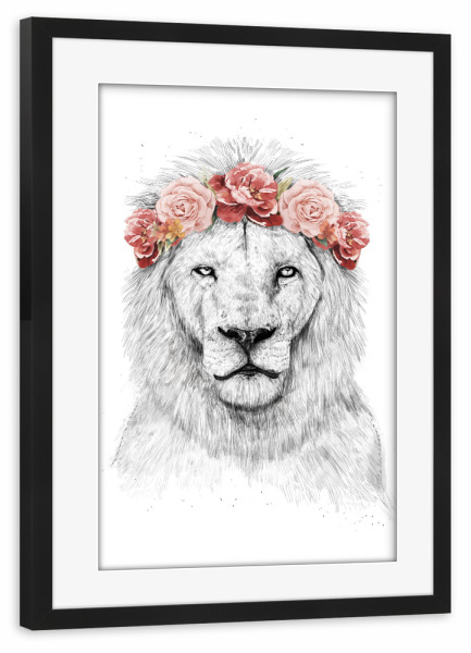 Poster mit Rahmen schwarz "Festival Lion" artboxONE - Tiere,Schwarzweiß,Festivals - Festival,Lion,Löwe,Tanzen,Hipster,Blumenmädchen,Wildlife