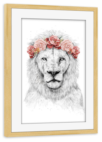 Poster mit Rahmen kiefer "Festival Lion" artboxONE - Tiere,Schwarzweiß,Festivals - Festival,Lion,Löwe,Tanzen,Hipster,Blumenmädchen,Wildlife