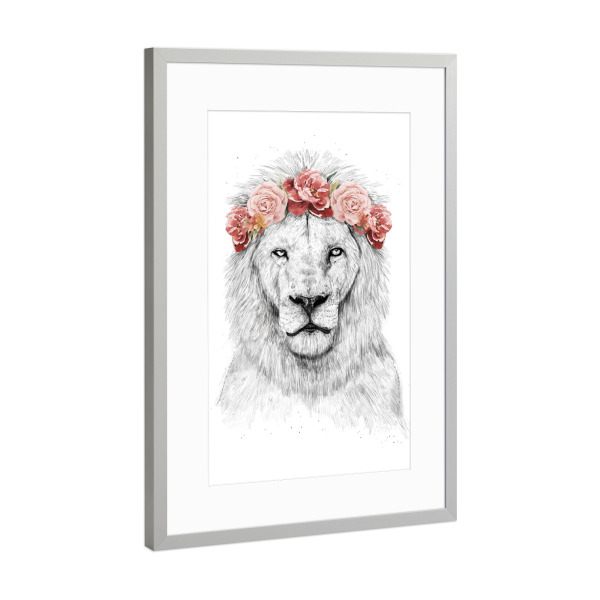 Poster mit Rahmen Silber "Festival Lion" artboxONE - Tiere,Schwarzweiß,Festivals - Festival,Lion,Löwe,Tanzen,Hipster,Blumenmädchen,Wildlife