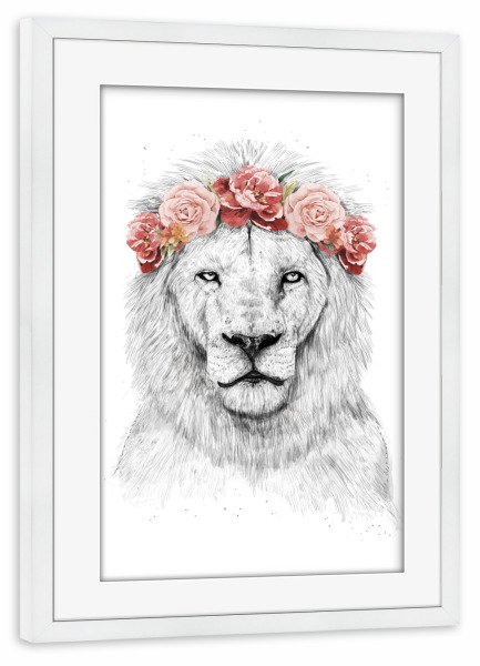 Poster mit Rahmen weiß "Festival Lion" artboxONE - Tiere,Schwarzweiß,Festivals - Festival,Lion,Löwe,Tanzen,Hipster,Blumenmädchen,Wildlife