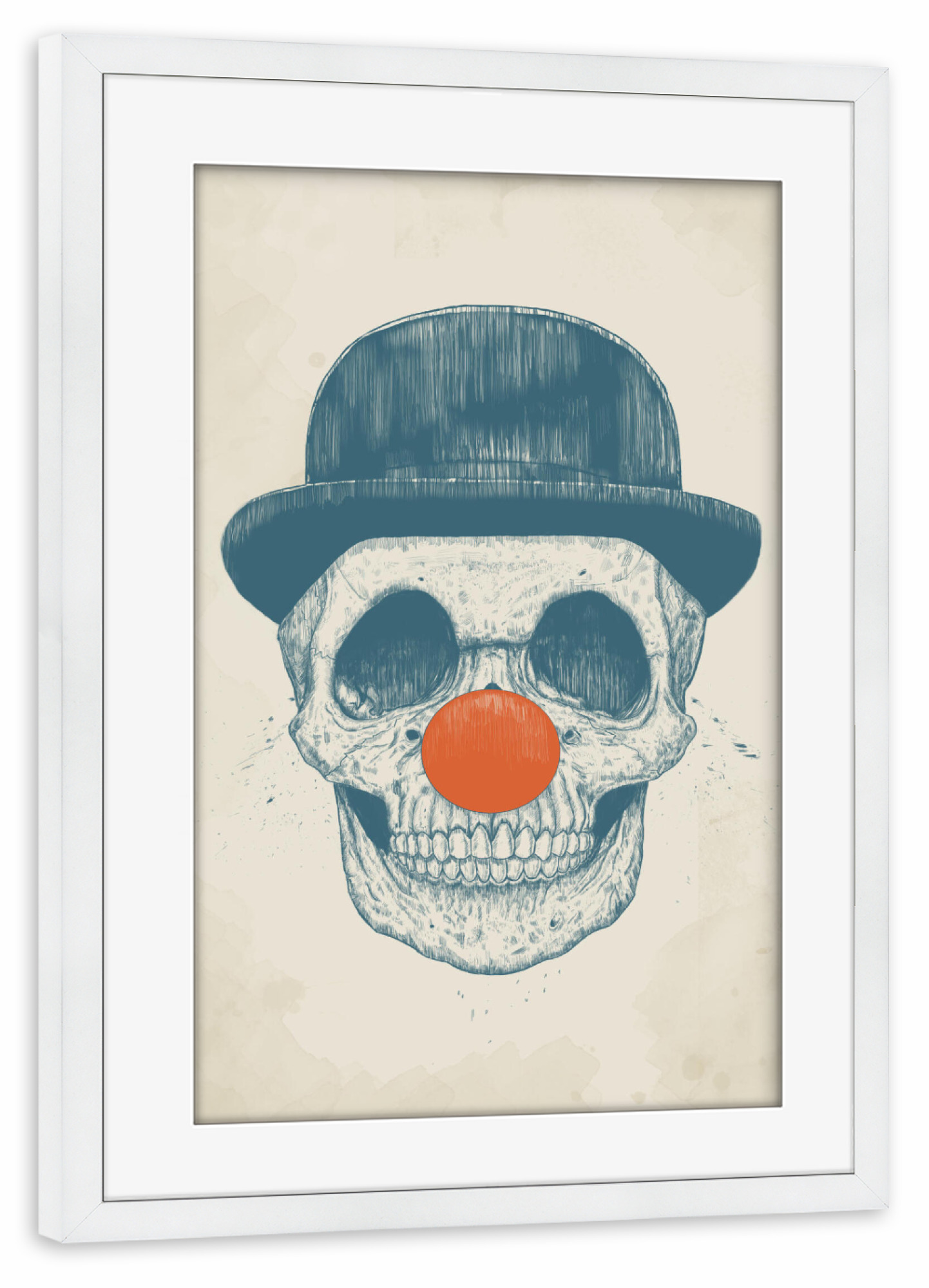 Poster mit Rahmen weiß "Dead Clown" artboxONE - Schwarzweiß,Für Papa,Männer,Lustig - Clown,Dead,Tot,Skelett,Rote nase,Red nose,Lustig,Totnkopf
