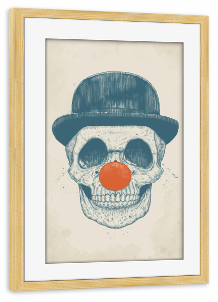 Poster mit Rahmen kiefer "Dead Clown" artboxONE - Schwarzweiß,Für Papa,Männer,Lustig - Clown,Dead,Tot,Skelett,Rote nase,Red nose,Lustig,Totnkopf