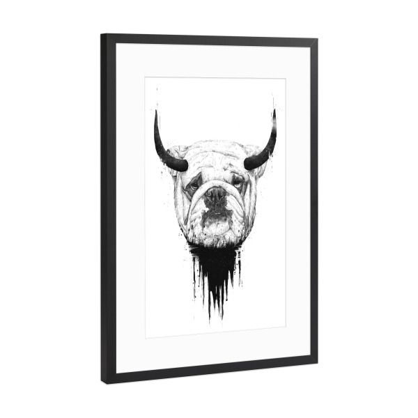 Poster mit Rahmen Schwarz (Metallic) "Bull dog" artboxONE - Tiere,Schwarzweiß,Für Papa,Männer,Lustig - Dog,Bull,Funny,Hörner,Bulle,Hund,Lachen