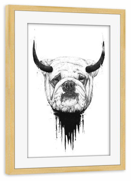 Poster mit Rahmen kiefer "Bull dog" artboxONE - Tiere,Schwarzweiß,Für Papa,Männer,Lustig - Dog,Bull,Funny,Hörner,Bulle,Hund,Lachen