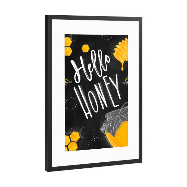 Poster mit Rahmen Schwarz (Metallic) "Hello honey chalk" artboxONE - Typografie,Essen & Trinken,Schwarzweiß,Streetart