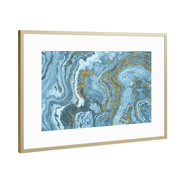 Poster mit Rahmen Gold "Gold Waves on Blue" artboxONE - Abstrakt - Gold,Blue,Marble,Marbled,Paint,Wave