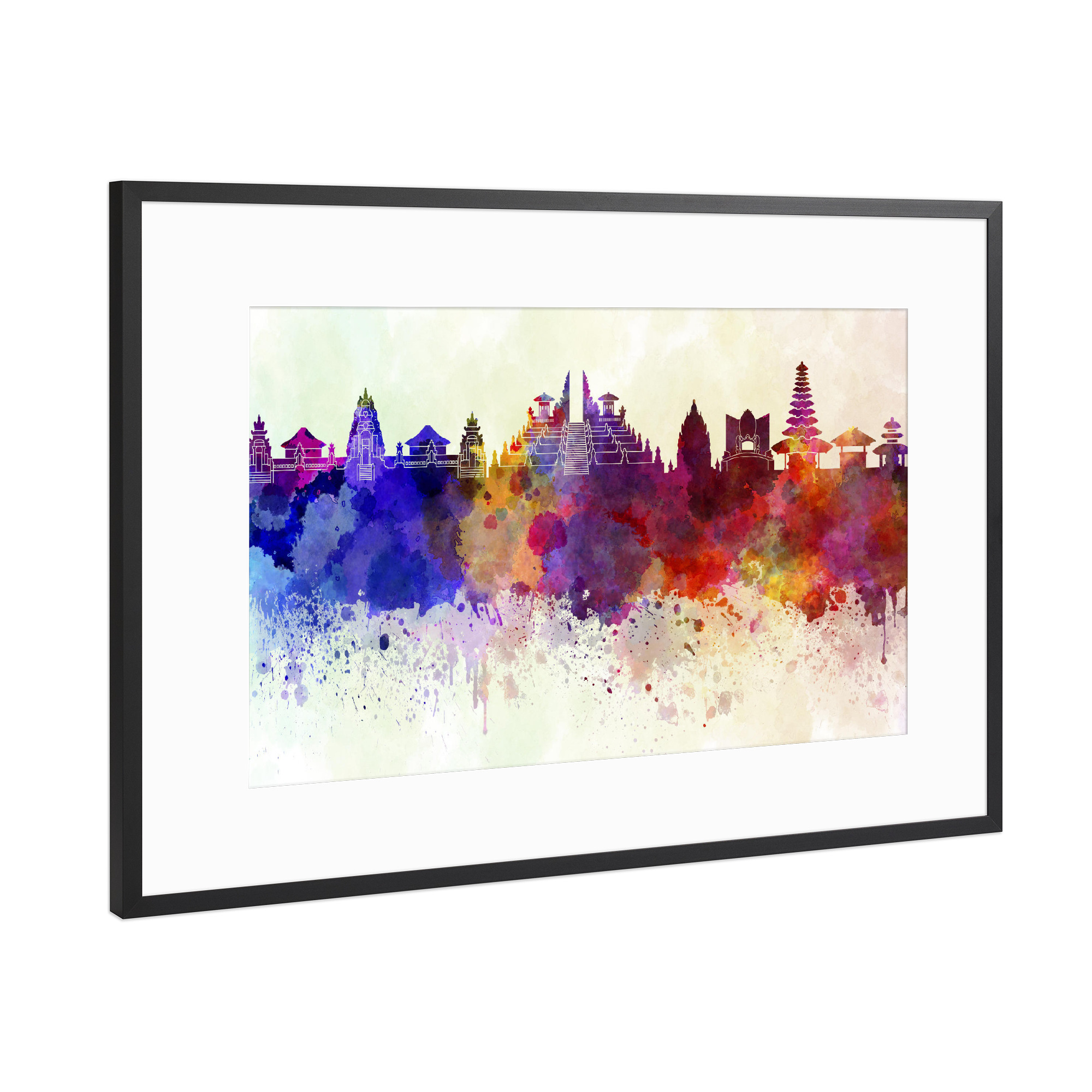 Poster mit Rahmen Schwarz (Metallic) "Bali skyline in watercolor" artboxONE - Städte,Reise,Abstrakt,Architektur