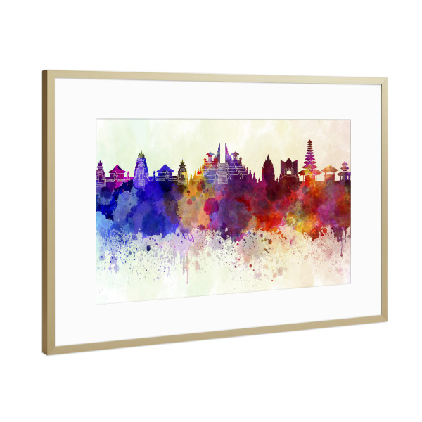 Poster mit Rahmen Gold "Bali skyline in watercolor" artboxONE - Städte,Reise,Abstrakt,Architektur