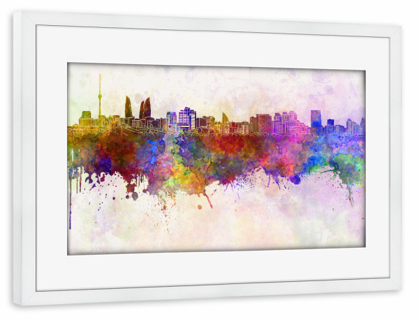 Poster mit Rahmen weiß "Baku skyline in watercolor" artboxONE - Städte,Reise,Abstrakt,Architektur