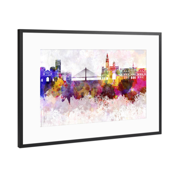 Poster mit Rahmen Schwarz (Metallic) "Badajoz skyline in watercolor" artboxONE - Städte,Reise,Abstrakt,Architektur