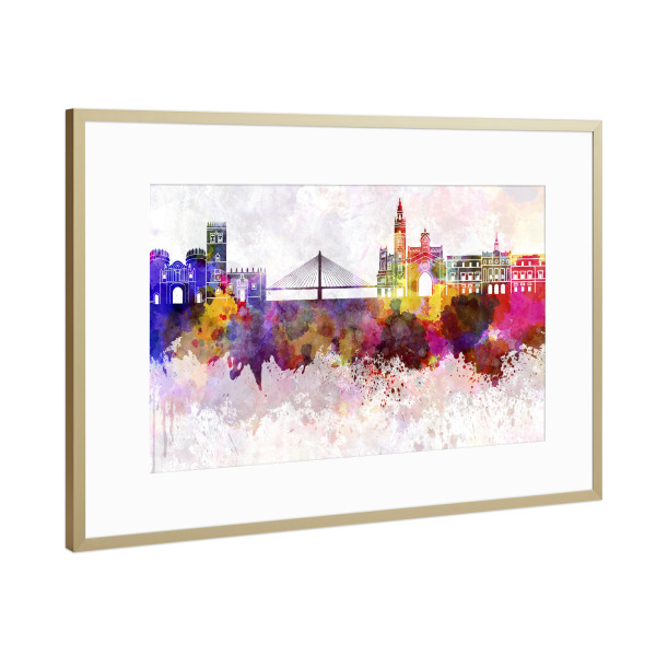 Poster mit Rahmen Gold "Badajoz skyline in watercolor" artboxONE - Städte,Reise,Abstrakt,Architektur