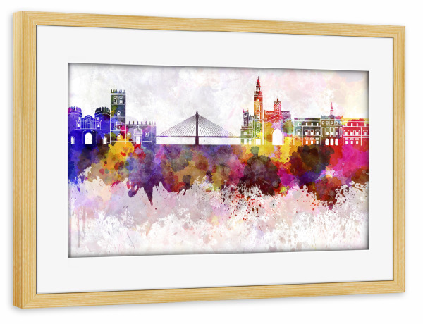 Poster mit Rahmen kiefer "Badajoz skyline in watercolor" artboxONE - Städte,Reise,Abstrakt,Architektur