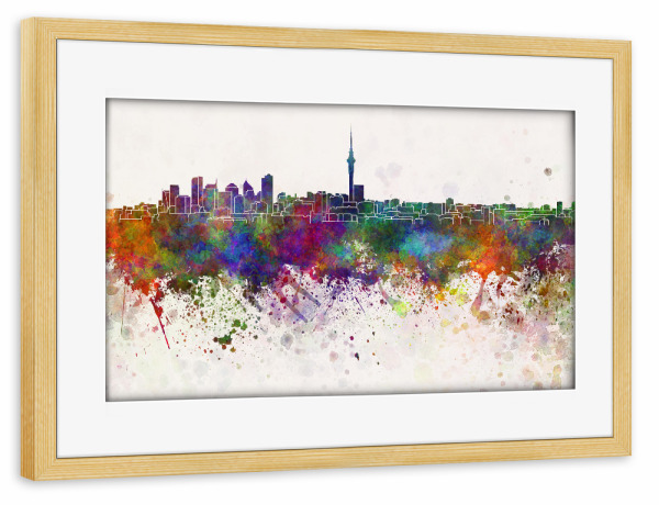 Poster mit Rahmen kiefer "Auckland skyline in watercolor" artboxONE - Städte,Reise,Abstrakt,Architektur
